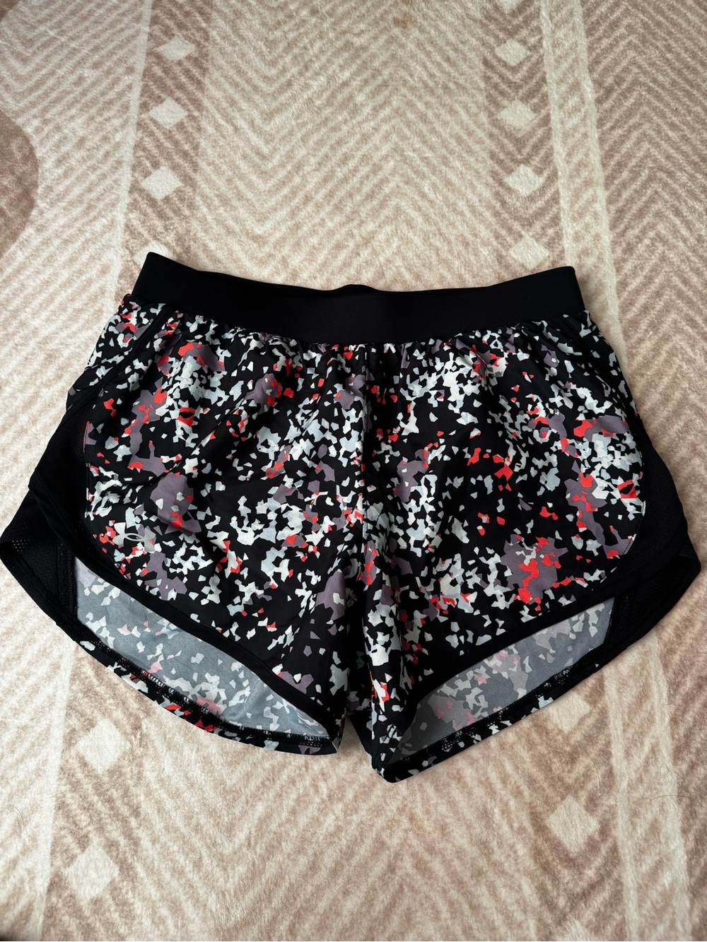 Under Armour Black Athletic Shorts with Red, White and Gray Print
